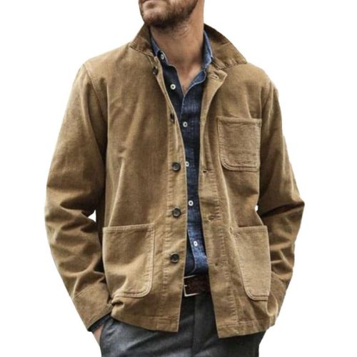 Men's Vintage Cotton Multi Pocket Lapel Long Sleeve Workwear Jacket 32788666M